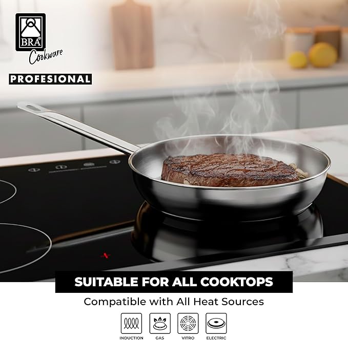 BRA COOKWARE Profesional 3 Frying Pan Set | 8 + 9.5 + 10.2 inches Professional Skillet | Stainless Steel Pan w/o Non-Stick | All Stovetop Compatible Skillet | 100% FOA Free | Brushed Finish