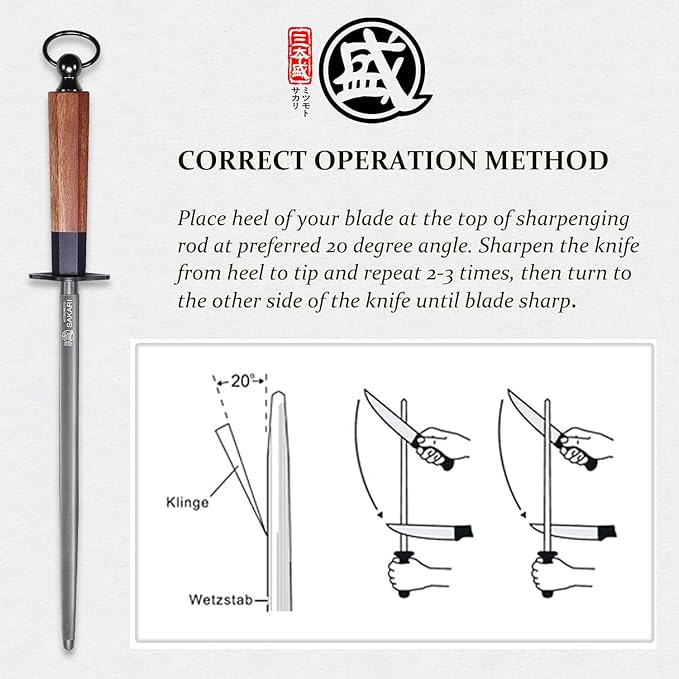 MITSUMOTO SAKARI 10 Inch Knife Sharpener Rod, Round Honing Rod, High Carbon Honing Steel