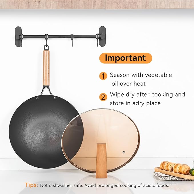 WANGYUANJI 12.6 Inch Wrought Iron Wok with Standable Glass Lid, Chemical-Free Flat Bottom Stir Fry Pan for Induction, Gas, and Electric Stoves
