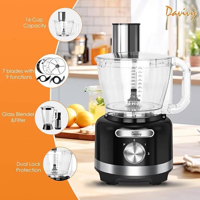 Davivy 16 Cup Food Processor & Blender Combo – 10-in-1 Multifunction 3.8L Processor with 6 Cup (50oz) Glass Blender, 2 Speeds + Pulse, Vegetable Chopper & Meat Grinder for Home Use, Black