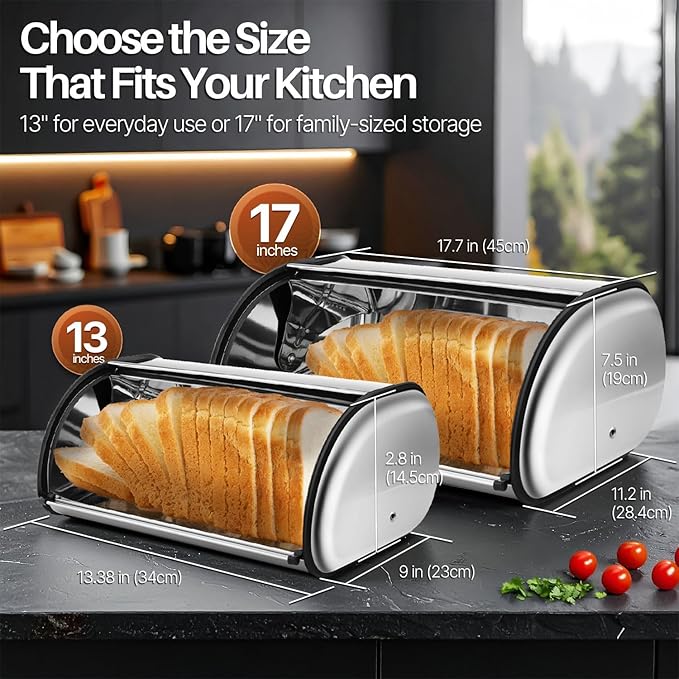 Flexzion Stainless Steel Bread Box for Kitchen Countertop (13 inch) Metal Bread Storage with Roll Up Lid & Front Window for Restaurant & Homemade Cakes, Buns, Pastries, Pancakes, Cookies