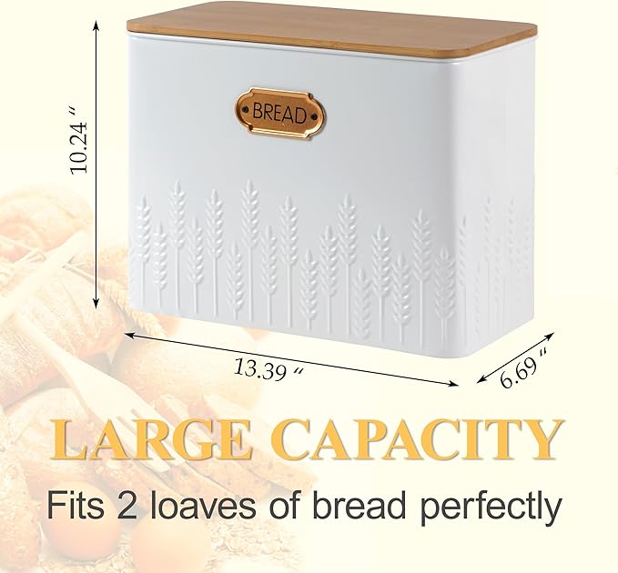 Extra Large Bread Box for Kitchen Countertop Corner Breadbox for Homemade Bread Metal White Ear of Wheat Pattern Embossed Storage Container Bin with Bamboo Lid Fits 2 Loaves of Bread