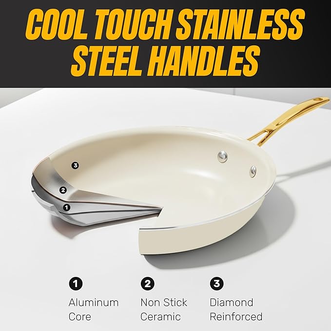 GOTHAM STEEL 12 Inch Nonstick Frying Pan, Diamond-Reinforced Ceramic, Dishwasher Safe, Cream White, PFOA Free