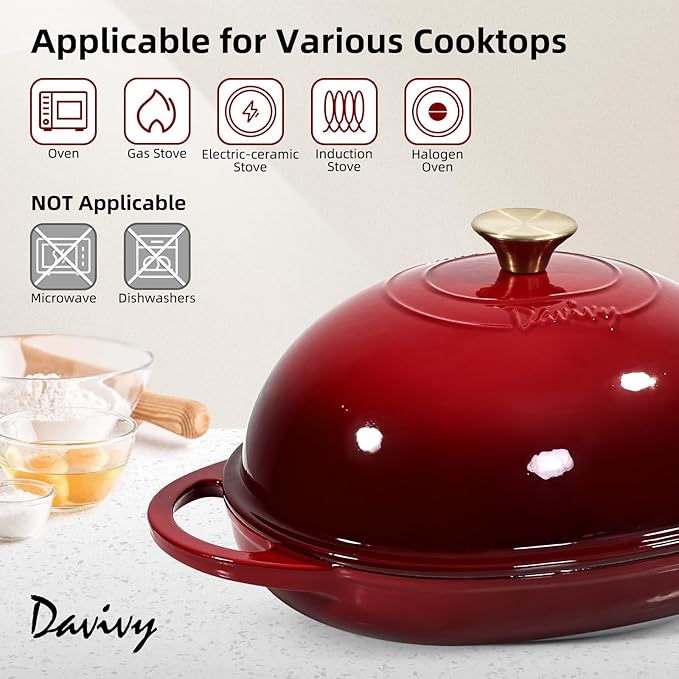 Davivy 6QT Oval Cast Iron Dutch Oven with Domed Lid, Bread Dutch Oven for Sourdough Bread Baking, Enameled Oval Sourdough Bread Loaf Pan 6QT, Bread Cloche Sourdough Pan with Lid - Ruby Red