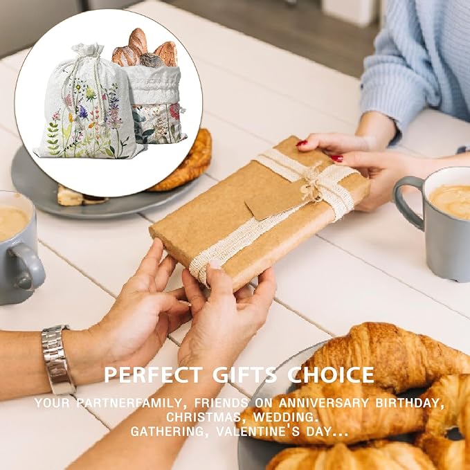 Reusable Linen Bread Bag for Homemade Bread Sourdough Loaf, Wildflower Beeswax Bread Bag 2Pcs, Flroal Storage Large Bread Box for Baker Focaccia Sandwich Bags Baking Chritmas Gifts for Women 16.5x12