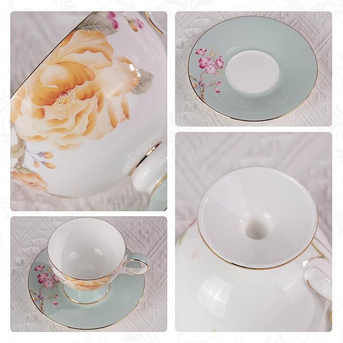KAMMAK Ceramic Coffee Cups Saucers Set of 2, Porcelain Espresso Cups with Saucers, 7.44 oz Handcrafted Elegant Bone China Tea Cups, Yellow Peony Floral Pattern Teacup for Party, Office, Women Gift