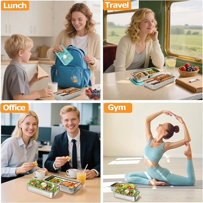 Stainless Steel Snack Containers with Lids, Reusable Bento Lunch Container Box, Food Storage, Leak Proof, Dishwasher-Safe, Grab and Go for Work, 1 Single + 1 Double Compartment
