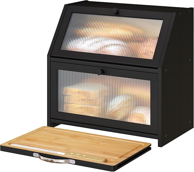 Extra Large Bread Box with Cutting Board Bamboo Wood Bread Box for Kitchen Counter, Double Layer Large Capacity Bread Storage Bin with Acrylic Wavy Door Panel (Black)
