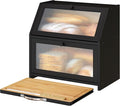 Extra Large Bread Box with Cutting Board Bamboo Wood Bread Box for Kitchen Counter, Double Layer Large Capacity Bread Storage Bin with Acrylic Wavy Door Panel (Black)