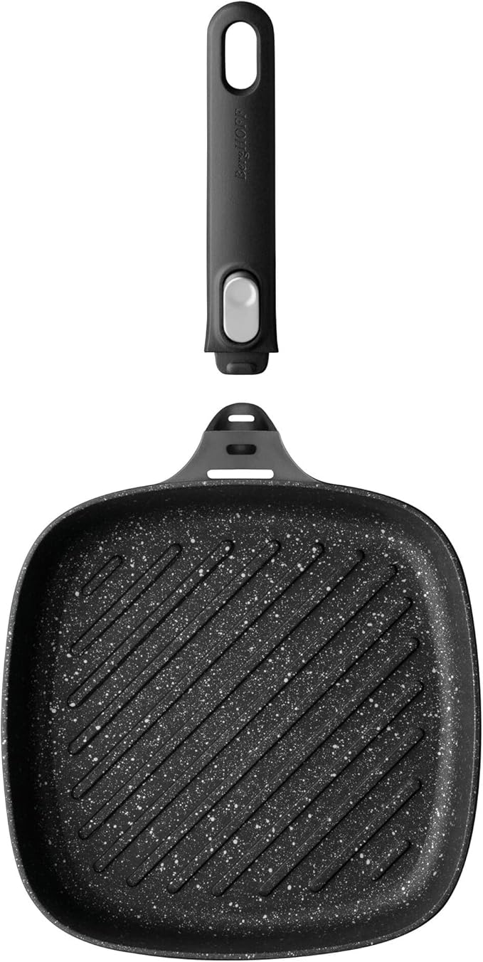 BergHOFF GEM Non-Stick Cast Aluminum Grill Pan 10" 2.4 qt. Square Stay-Cool, Detachable Handle Ferno-Green, PFOA Free Coating Induction Cooktop Fast Heating Oven Safe