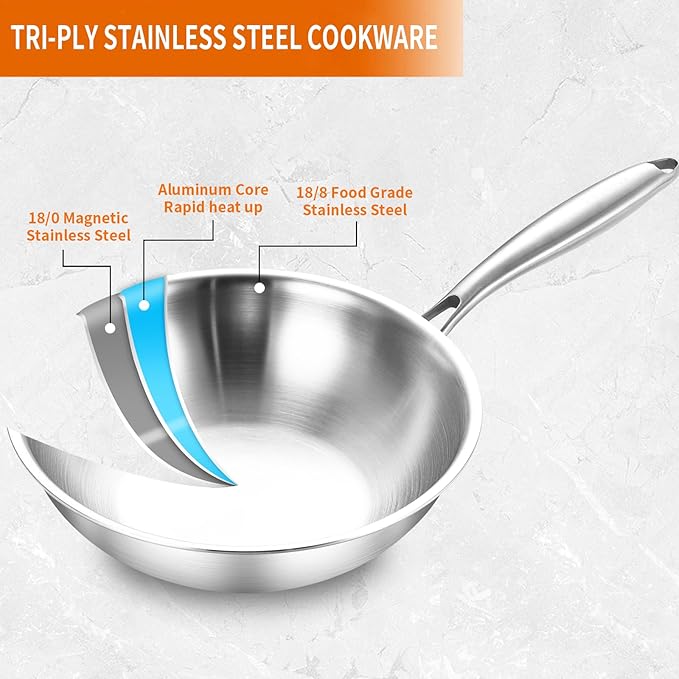 DELARLO Woks & Stir-Fry Pans, 13 in Stainless Steel Pan with Lid, Large Cooking Surface, Tri-Ply Stainless Steel Wok Pan,High Side 3 Layer Stainless Steel Saute Pan, Wok for induction cooktop, 600℉