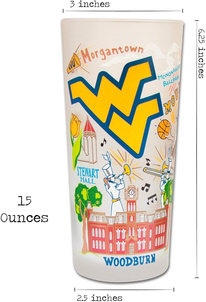 Catstudio Drinking Glass, West Virginia University Glass Cup for Kitchen, 15oz Dishwasher Safe Tumbler for WVU Alumni