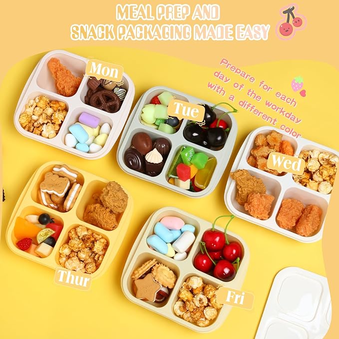 Honeydak 5 Pack Snack Containers 4 Compartment Bento Snack Boxes Reusable Lunchable Containers with Lids Divided Meal Prep Lunch Food Storage Box for School Work Travel (Lemon Color,Equal)