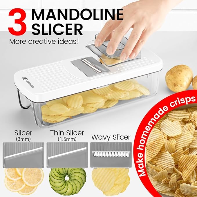 KEOUKE 8-in-1 Vertical Vegetable Chopper Mandoline Slicer with Container White - Safe Tap Out Dicer with Hand Guard for Kitchen Easy Food Prep, Onion Potato Veggie Fruit