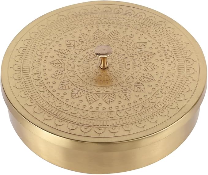 Brass Round Spice Box Masala Dabba-Spice Box Set With Spoon Container 90 ML Indian Masaladanni for Kitchen Counter 8 Inch With Spoon (Mandala,8 Inch)