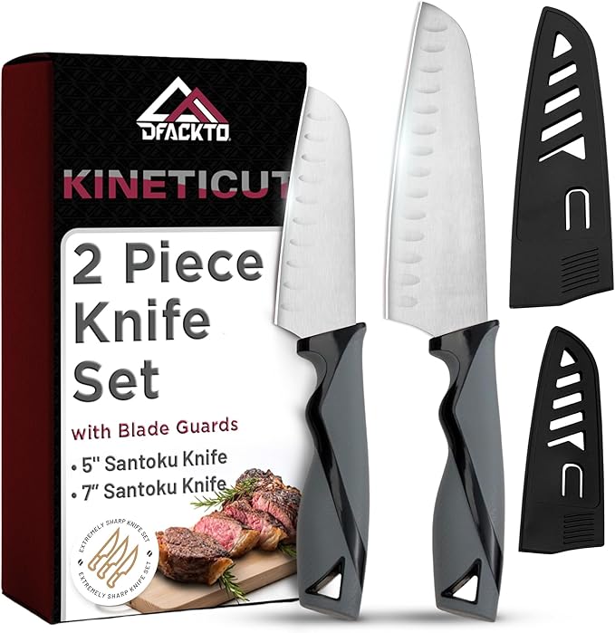 DFACKTO 2 Piece Santoku Knife Set with Covers, Stainless Steel Chefs Knife, Dishwasher Safe without Block, Sharp Kitchen Knives with Covers, Cooking Knife with Sheath, Cuchillos, Gray