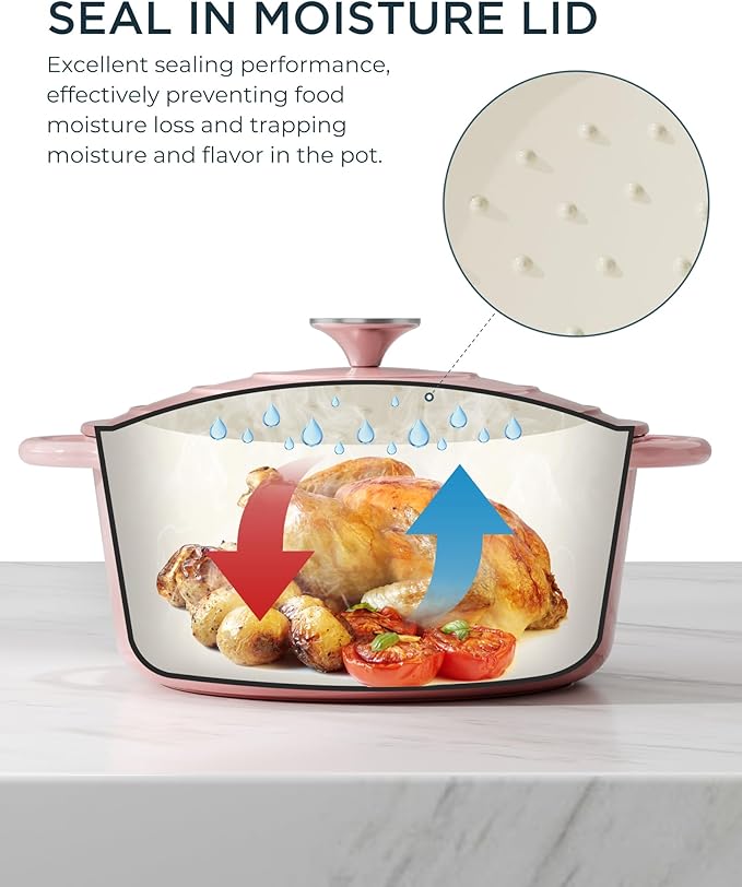 Enameled Cast Iron Dutch Oven - 6QT Dutch Oven Pot with Lid & Cotton Potholders - Heavy-Duty Non Stick Casserole Pot for Braising, Stews, Roasting, Baking, Suitable for All Stovetops, Gentle Pink