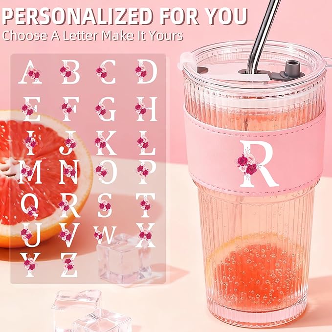 Personalized Gifts for Women,20oz Ribbed Glass Tumbler,Monogrammed Gifts for Women,Birthday Gift,Ice Coffee Mug,Christmas Gift for Mom Sister-R