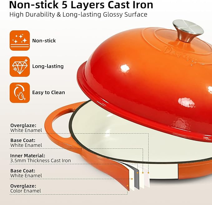 Davivy 6QT Oval Sourdough Bread Dutch Oven with Silicone Oven Mitts, Cast Iron Bread Pan Sourdough Pan with Lid, Enameled Cast Iron Bread Cloche Dutch Oven- Flame Orange