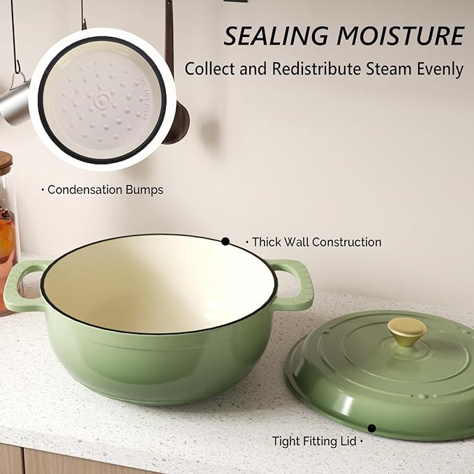 VINGLI 6QT Enameled Cast Iron Round Dutch Oven Pot with Lid, NonStick Casserole Pot with Dual Handles & Silicone GlovesRed, Oven Safe up to 500°F or on Stovetop, Dutch Oven for Bread Baking, Green