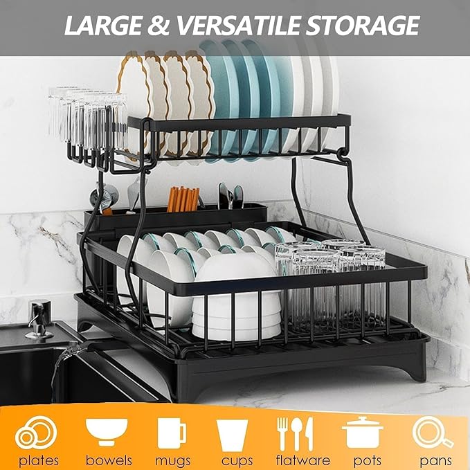 Large Dish Drying Rack for Kitchen Counter, Detachable Large Capacity Dish Drainer Organizer, 2-Tier Dish Racks with Utensil Holder