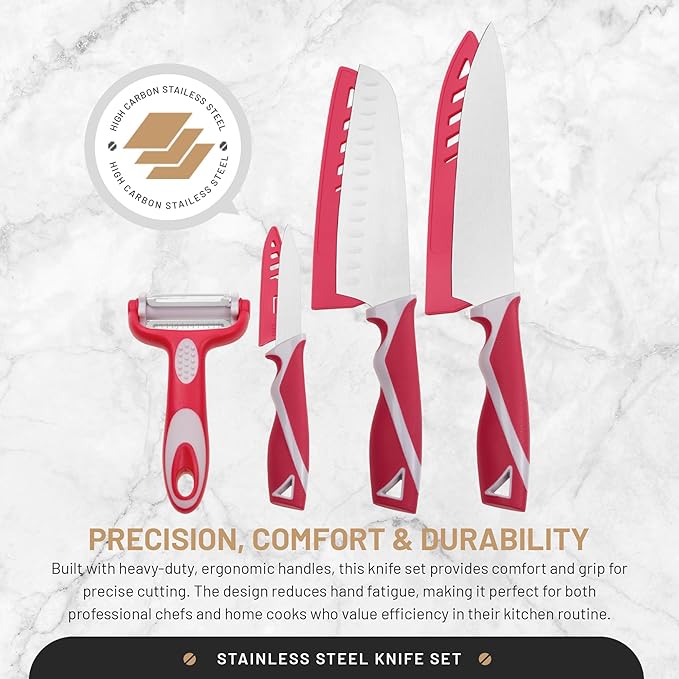 DFACKTO 4-Piece Kitchen Knife Set with Vegetable Peeler without Block – Stainless Steel Knives for Kitchen, Dishwasher Safe Cooking Knife Set with Covers, Sharp Cutting Knives for Cooking – Magenta