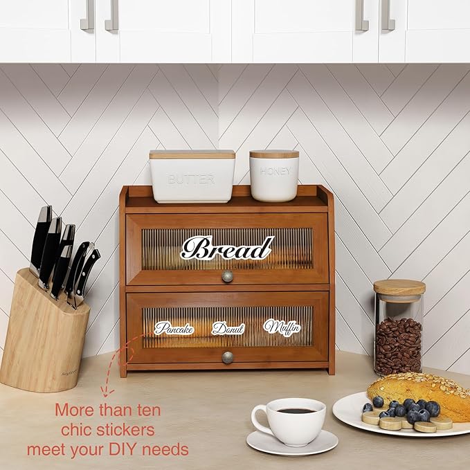 Walnut Brown Roll Top Bread Box for Kitchen Countertop, 2 Tier Large Bread Storage Container for Homemade Bread, 2 Door Wooden Breadbox Holder Keeper for Sourdough Loaf Storage (Bamboo Wood)