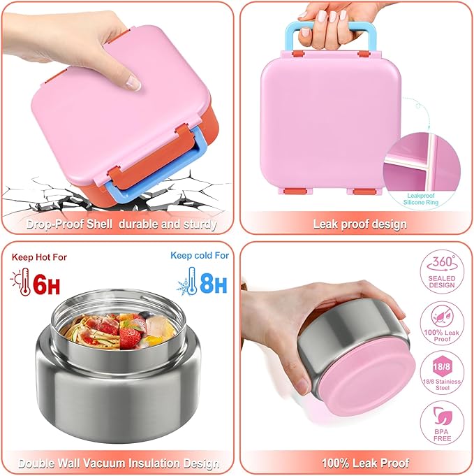 Kids Bento Lunch Box with 9oz Soup Thermo Leakproof Lunch Food Containers 4 Compartment with Insulated Hot Food Jar for Kid Toddler Girls Boys to School, Trvael