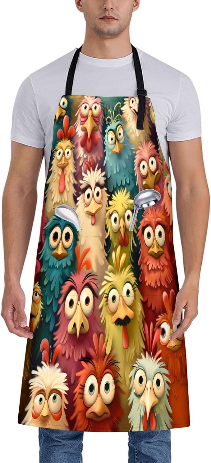 Cartoon Chickens Apron for Women, 28x33in, Kitchen Chef Aprons with 2 Pockets, Polyester, Colorful Chicken Faces Apron for Cooking BBQ Baking Gardening Chef, Gifts for Mom Wife Dad
