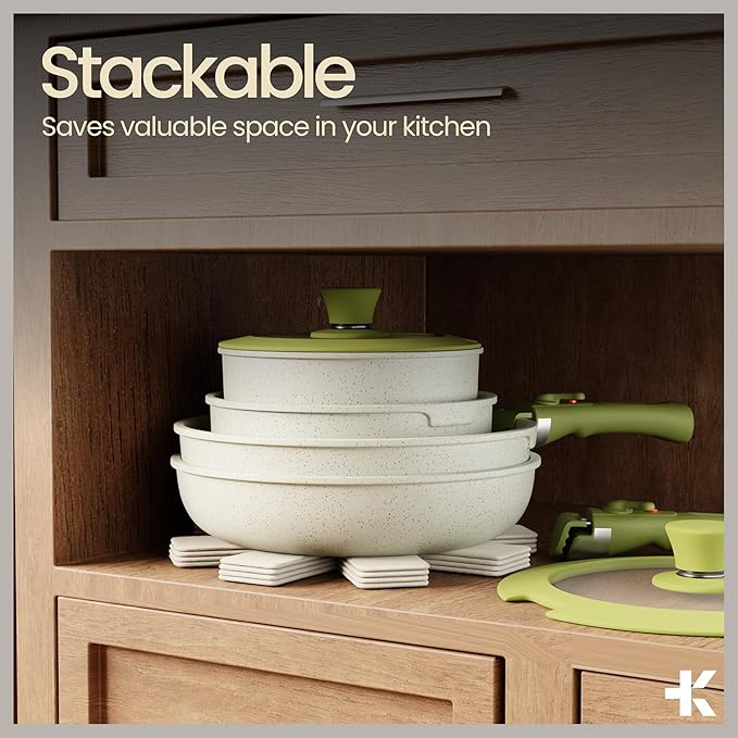 Bakken 15-Piece Non-Stick Cookware Set with Detachable Handles – Granite Stackable Pots and Pans Set, Dish Washer Safe, Oven-Safe, and Compatible Kitchen Essential for All Stoves – Green/Cream