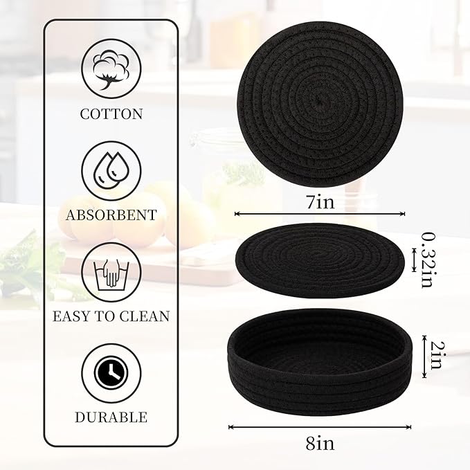 Trivets for Hot Dishes, Pots and Pans, Heat Resistant Hot Pads with Storage Basket, Pot Holders for Kitchen Countertop, Trivet Mats Home Essentials Farmhouse Decor (Black 4 Pcs)