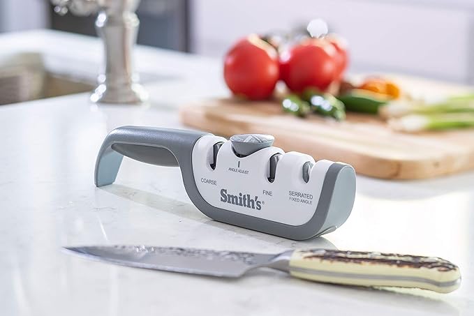 Smith’s 51109 Adjustable Angle Knife Sharpener - Grey/White - Adjustable Sharpening Angles - Repair, Restore & Polish Blades - 2-Stage Handheld Manual Sharpener - Kitchen, Straight & Serrated Knives