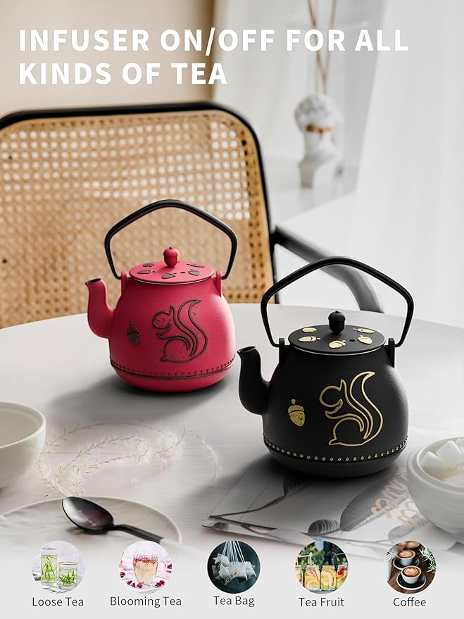 Toptier Teapot with Removable Infuser, Cast Iron Tea Kettle Stovetop Safe, Squirrel Design Tea Pot Coated with Enameled Interior for 32 Ounce (950 ml), Red