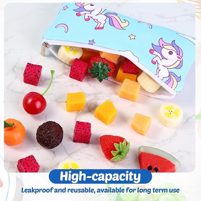 Chumia 6 Pcs Reusable Snack Bags Christmas Gifts Food Safety Washable Snack Bags Lunch with Zipper Portable Sandwich Bag Food Storage Pouch Double Layer(Unicorn,6.9 x 3.7 Inches)