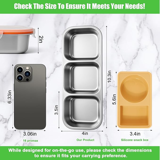 Palksky Snackle Box Container Stainless Steel, Reusable Snack Containers with Lids, 3 Compartment Divided Food Storage Containers for School, Home, Travel