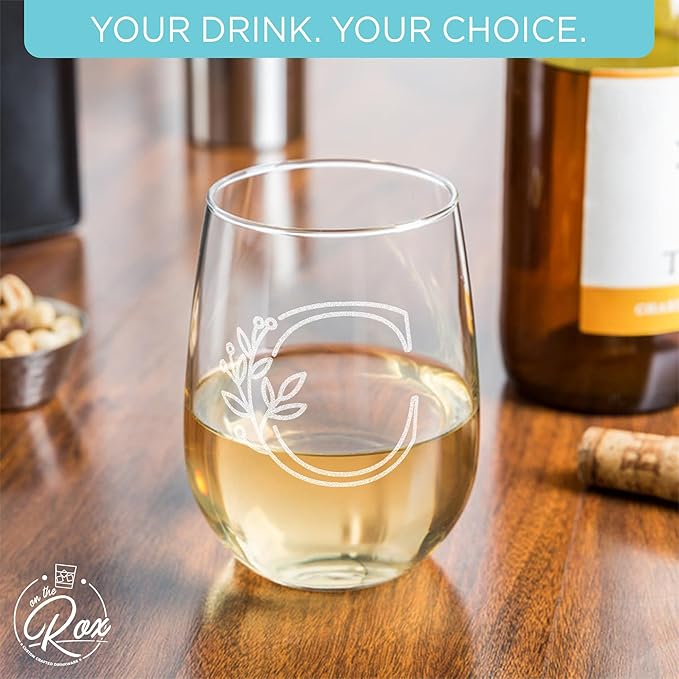 On The Rox Drinks Monogrammed Gifts For Women and Men - Letter A-Z Initial Engraved Monogram Stemless Wine Glass - 17 Oz Personalized Wine Gifts For Women and Men (C)