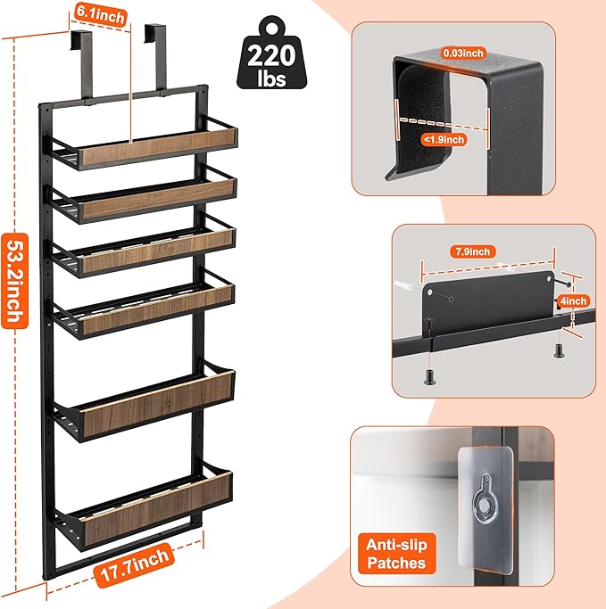 Aquzee Over the Door Pantry Organizer, 6-Tier Spice Rack Wall Mount, Adjustable Wooden Baskets, Haning/Mounting 2 in 1 Heavy-Duty Metal Hanging Door Organizer Storage for Kitchen, Cabinet and Closet