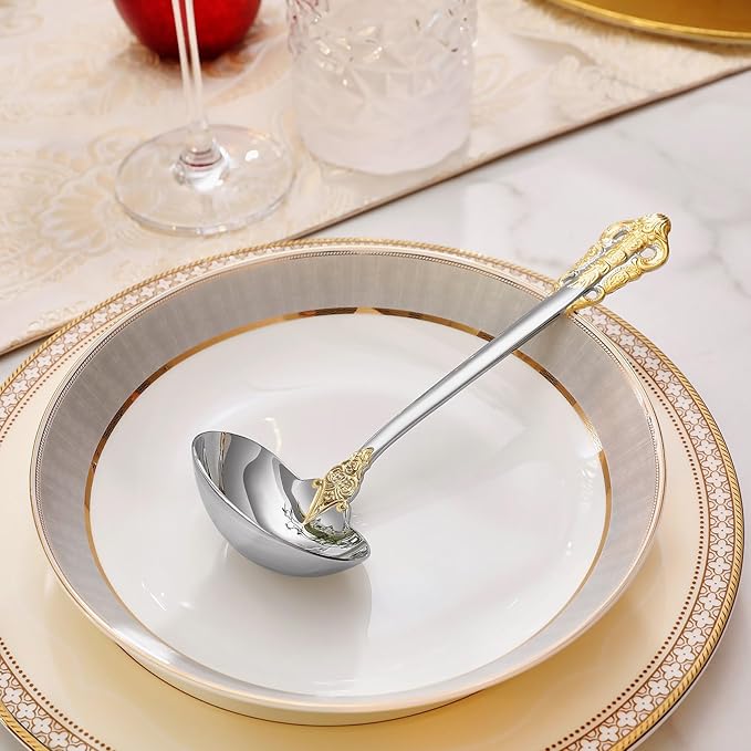KEAWELL Premium 7.5 inch Luxury Gravy Ladle, 18/10 Stainless Steel, Small Gravy Spoon for Home. Solid and Sturdy, Dishwasher Safe. (1, Gold Accent)