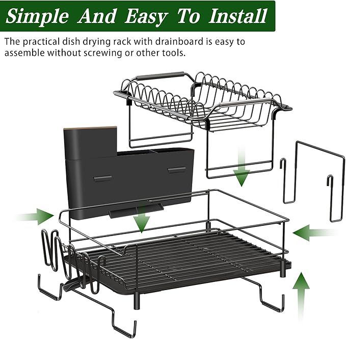 Runnatal 2-Tier Dish Drying Rack with Drainboard Set, Stainless Steel Detachable 2-in-1 Large-Capacity 2-Tier Over The Sink Anti-Rust Dish Rack and Dish Drainer for All Kitchen