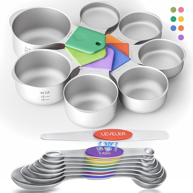 Magnetic Measuring Cups & Spoons Set|304 Stainless Steel Dual Scale Set of 15, Strong N52 Magnetic Nesting Design with Leveler, for Dry&Liquid Ingredients, Dishwasher Safe(Colorful)