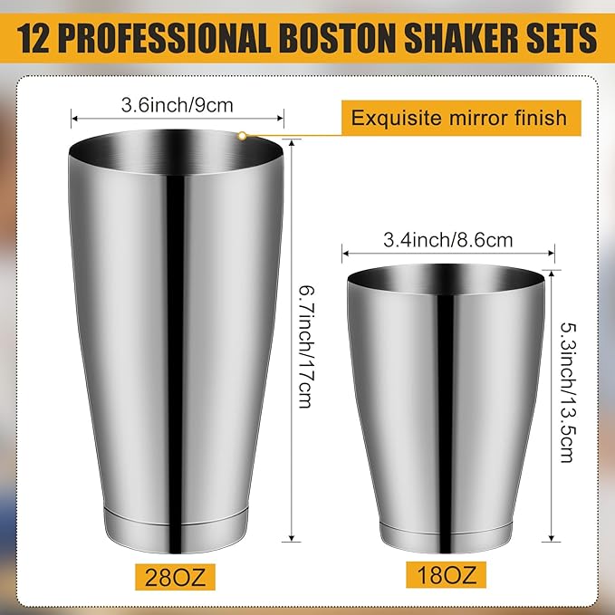 Zhehao 24 Pcs Silver Cocktail Shaker Professional Bar Boston Shaker Set Stainless Steel Martini Shake Drink Mixer Basic Tool Weighted Shake Metal Can Bartending Tins for Beginner, 18oz, 28oz