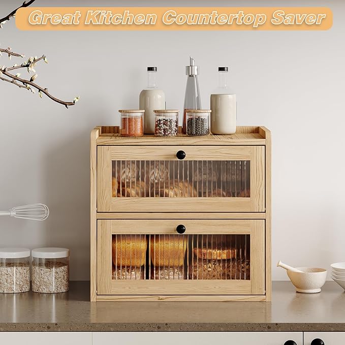 Double Layer Large Bread Box for Kitchen Counter, Wooden Corner Bread Storage Container with Acrylic Window, Original