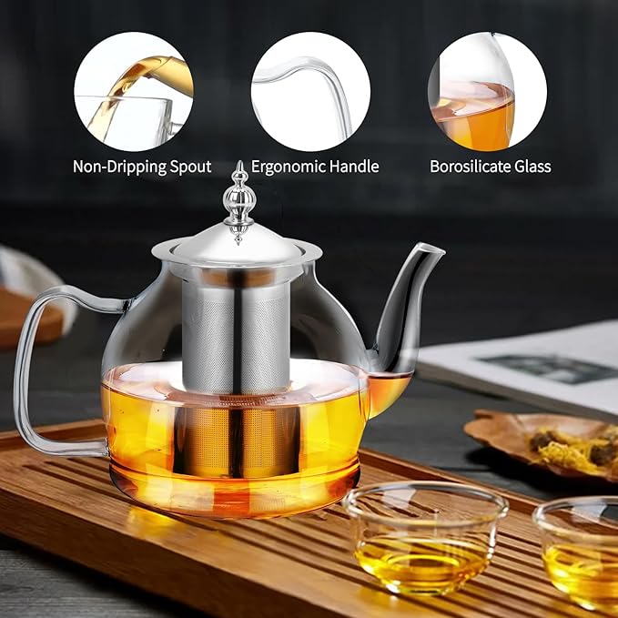 Glass Teapot 40oz/1200ml with Removable Infuser, Borosilicate Clear Tea Kettle, Stovetop Safe Tea Kettle Blooming Loose Leaf Teapots, for Camping, Travel