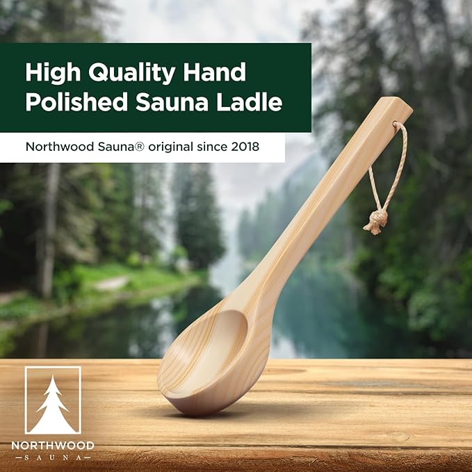 Sauna Ladle - Handmade from Finnish Pine Wood - Natural Rope - 14″ Handle & 3.4 oz (100 mL) Capacity Spoon