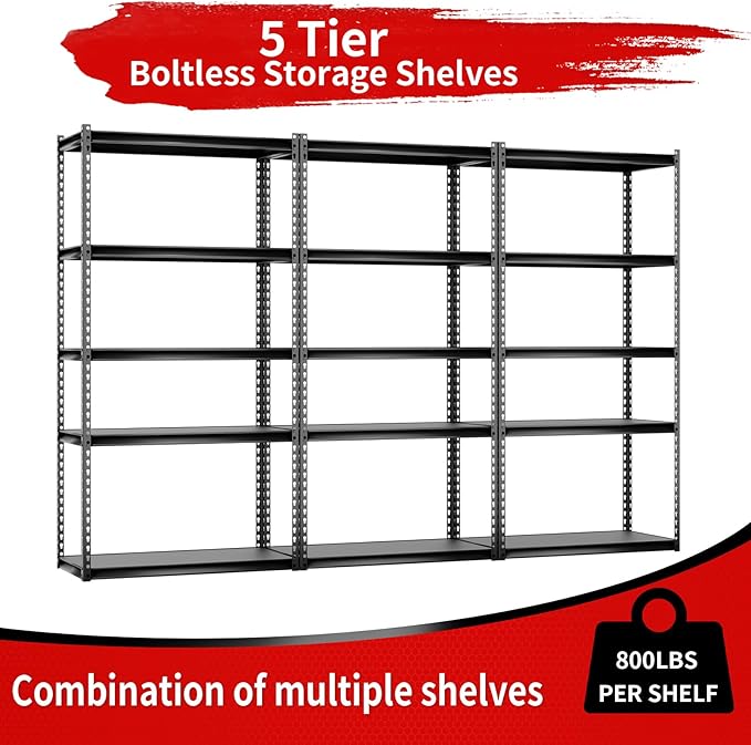 The Atlas 36" W Laminated Heavy Duty Metal Shelving Unit 4000 Lbs Boltless Garage Storage Shelves Utility Rack Shelf Warehouse Pantry Shed 36" W x 18" D x 72" H, Black