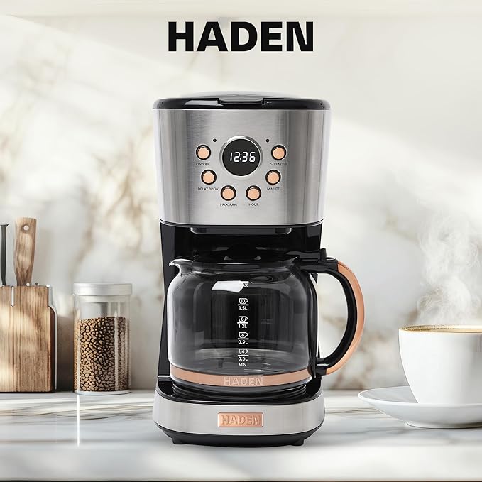 Haden Coffee Machine, 12 Cup Programmable Drip Coffee Maker with Auto Shut-Off Function and Reusable Washable Water Filter, Steel & Copper