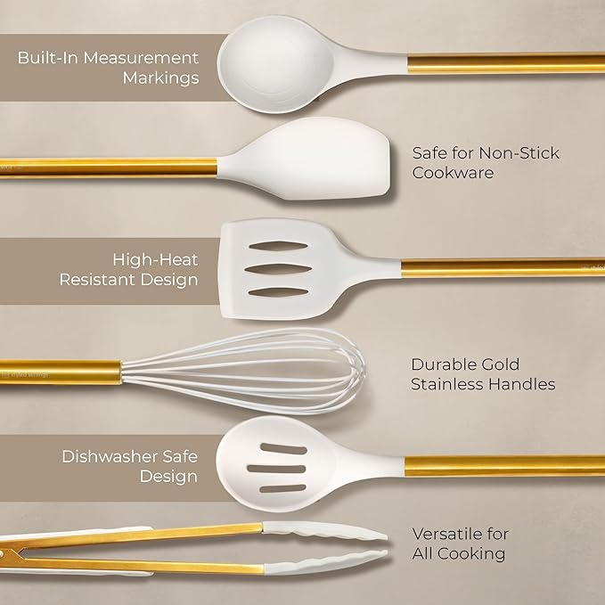 8 Piece White and Gold Kitchen Utensils – White Silicone Cooking Utensils Set, Ceramic Utensil Holder & Stackable Gold Spoon Rest –Nonstick, Non-Toxic, Heat Resistant, Luxury Kitchen Accessories