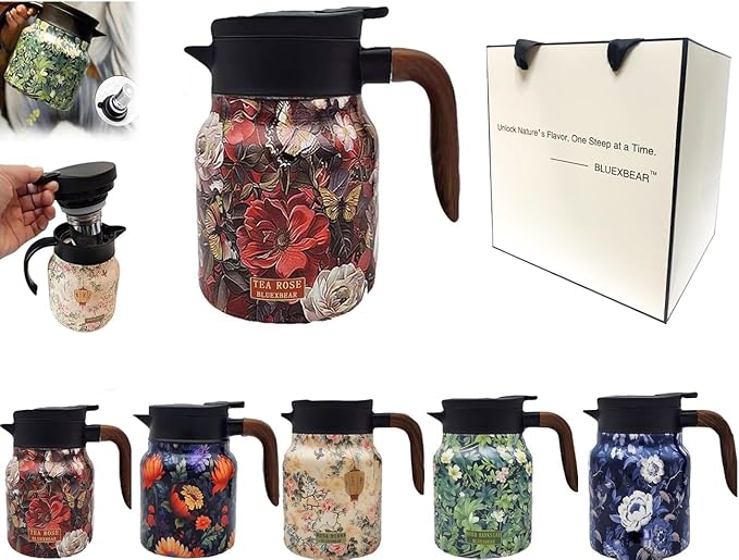Vintage Floral Pattern Teapot, Doresty Tea Pot, Vintage Floral Pattern Tea-Built-In Infuser, Stainless Steel Thermal Carafe with Lid for Hot Drinks (Red, Wooden handle)