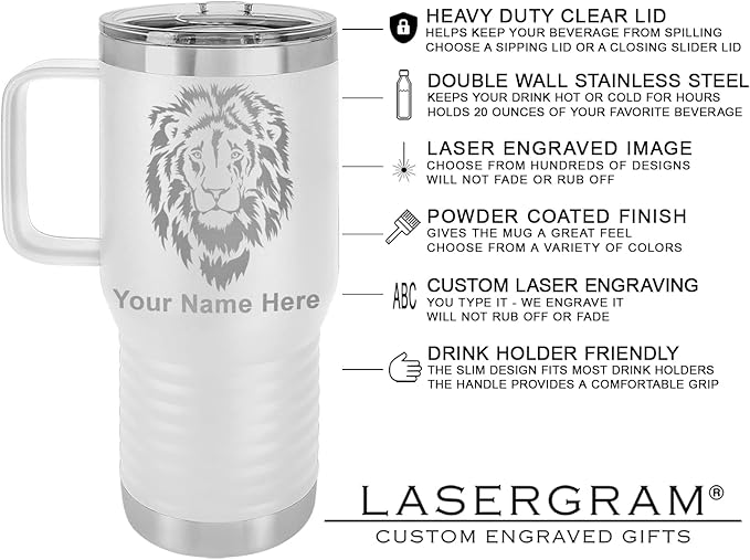LaserGram 20oz Vacuum Insulated Travel Mug with Handle, Sushi, Personalized Engraving Included (White)