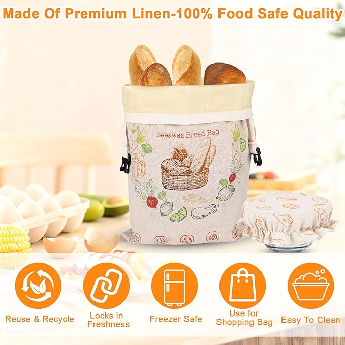 3 Pack Beeswax Bread Bags for Homemade Bread & Sourdough,Reusable Organic Linen Beeswax Sourdough Bread Bags with Linen Bowl Cover,17 x 13" Food Storage Cloth Bag-Keeps Bakes Fresh Longer